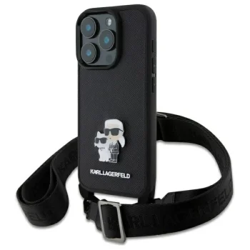 Apple iPhone 16 Pro 6.3'' Karl Lagerfeld Saffiano Karl&Choupette Metal Pin CBDY Strap Case Cover, Black | Чехол...