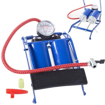 Kājas pumpis ar diviem cilindriem un uzgaļiem, 100 PSI / 7 bar
