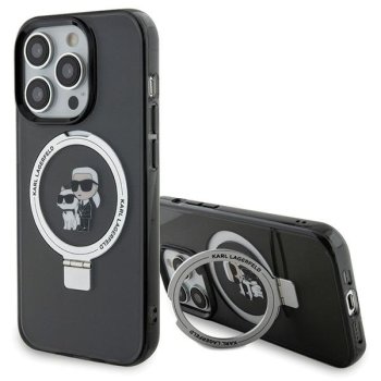 Karl Lagerfeld iPhone 15 Pro vāciņš Ring Stand Karl & Choupette MagSafe, melns