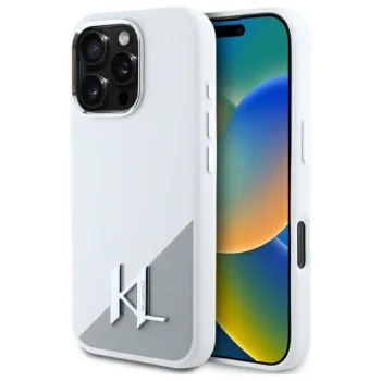 Apple iPhone 16 Pro 6.3" Karl Lagerfeld Silicone Shadow Metal Initial MagSafe Case Cover, White | Telefona Maciņš...