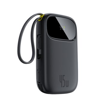 Baseus EnerFill FC31 10000mAh 45W ārējais akumulators ar USB-C un Lightning vadiem – melns