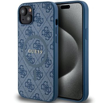Apple iPhone 15 Plus 6.7'' Guess 4G Collection Leather Metal Logo MagSafe Case Cover, Blue
