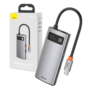 Baseus Metal Gleam Series 4in1 USB-C Hub (USB 3.0, USB 2.0, HDMI, PD) Pelēks