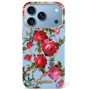 Чехол Guess IML Glitter Blossom Roses для iPhone 17 / 18 Pro Max, светло-голубой