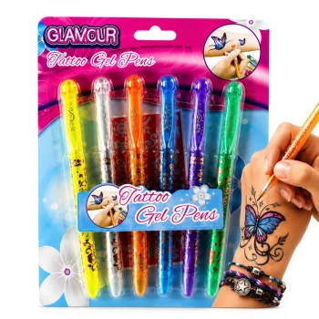 Glitter Tattoo Gel Pens Set, 6 Colours with Stencils
