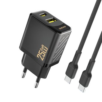 Dudao A26TCEU PD QC 25W GaN USB‑A USB‑C sienas lādētājs ar USB‑C kabeli – melns