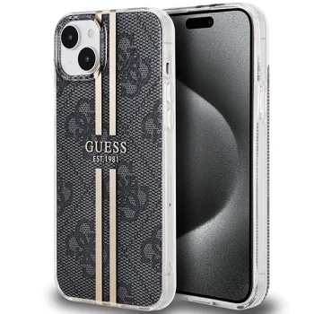 Guess iPhone 15 Plus / 14 Plus vāciņš IML 4G Gold Stripe, melns
