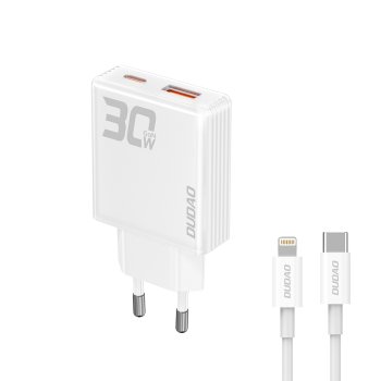 GaN Dudao A30EUL 30W USB-A / USB-C sienas lādētājs + USB-C – Lightning kabelis – balts