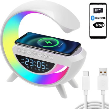 RGB LED galda lampa ar Bluetooth skaļruni, FM radio, modinātāju un 15W bezvadu lādētāju