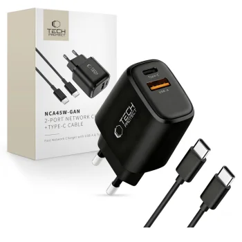 Tech-Protect NCA45W-GAN 45W 2 portu lādētājs ar USB-C kabeli, Melns