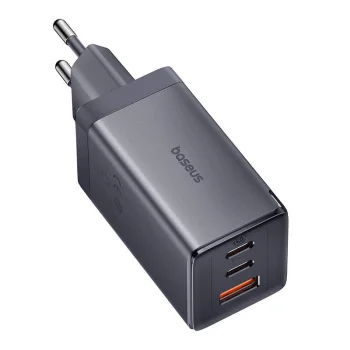 Tīkla lādētājs Baseus GaN5 2x USB-C + USB, 65W + 1m kabelis, pelēks