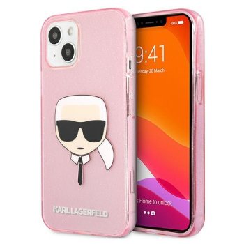 Karl Lagerfeld iPhone 13 mini vāciņš Glitter Karl's Head, rozā