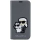 Karl Lagerfeld iPhone 14 atverams vāciņš maciņš grāmatiņa Saffiano Karl & Choupette, sudraba