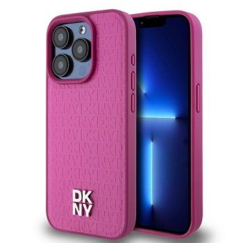 Apple iPhone 15 Pro 6.1'' DKNY Leather Monogram Pattern Metal Logo MagSafe Case Cover, Pink