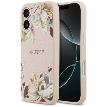Guess Grained Flowers Classic Logo MagSafe iPhone 17 vāciņš - Rozā | Case Pink