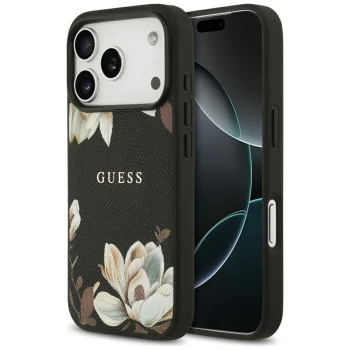 Чехол Guess Grained Flowers Classic Logo MagSafe для iPhone 17 Pro, черный