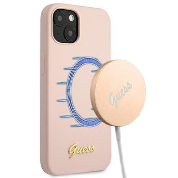 Guess iPhone 13 vāciņš Silicone Script Gold Logo Gaiši rozā