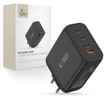 Tech-Protect NC200W-GaN 4-portu 200W sienas lādētājs – melns