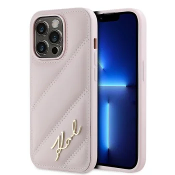 Karl Lagerfeld iPhone 14 Pro Max vāciņš Diagonal Quilted Script, rozā