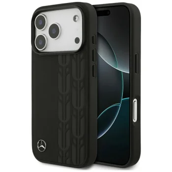 Чехол Mercedes для iPhone 17 Pro Leather Laurel Leaves MagSafe, черный