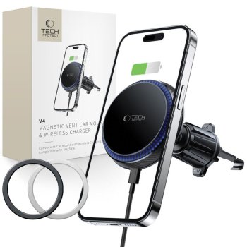 Tech-Protect MM15W-V4 MagSafe 15W auto turētājs ar lādētāju, Melns