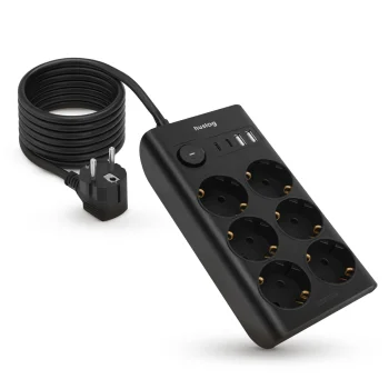 Huslog plakanais pagarinātājs ar 6 ligzdām un 4 USB portiem, melns
