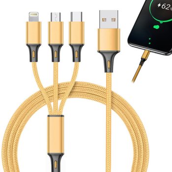 USB кабель 3 в 1 для телефона Lightning, micro USB, Type-C, 1,2м, золотой
