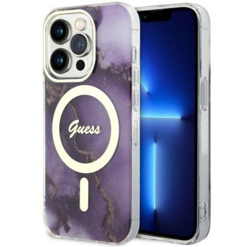 Guess iPhone 14 Pro vāciņš Golden Marble MagSafe, violets