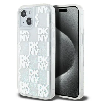 DKNY iPhone 15 / 14 / 13 vāciņš Liquid Glitter Multilogo, balts
