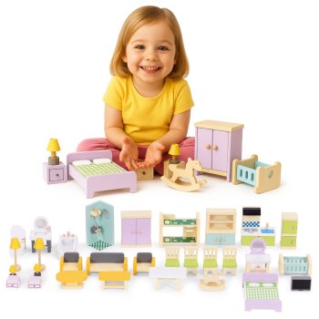 Wooden Dollhouse Furniture Set 30-Piece Accessories