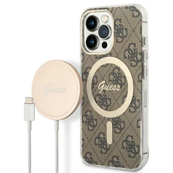 Комплект Guess 4G Print MagSafe для iPhone 13 Pro - чехол и зарядка - коричневый