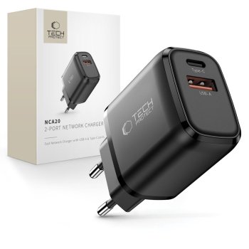 Tech-Protect NCA20 PD 20W / QC3.0 USB-A / USB-C sienas lādētājs – melns