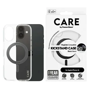 PanzerGlass iPhone 16 vāciņš CARE Feature Kickstand MagSafe, melns