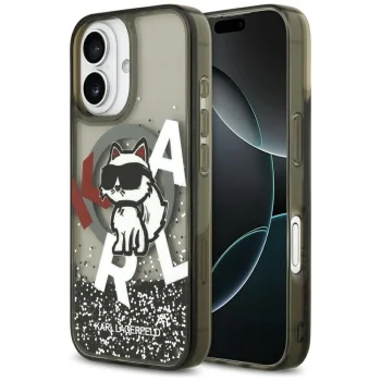 Karl Lagerfeld Liquid Glitter Choupette MagSafe vāciņš iPhone 17, melns