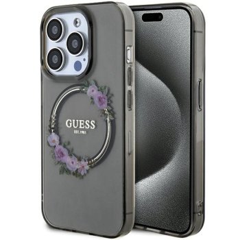 Guess GUHMP15LHFWFCK iPhone 15 Pro 6,1" melns/ melns cietais futrālis IML Flowers Wreatch MagSafe | 6.1"...