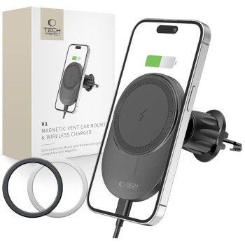 Tech-Protect MM15W-V1 MagSafe auto turētājs ar 15W lādētāju, Melns