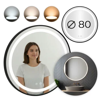 ModernHome LED vannas istabas spogulis, apaļš, 80 cm, 3 gaismas krāsas, Anti-Fog