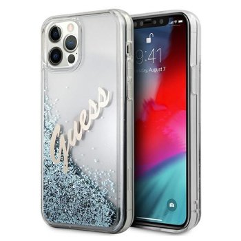Guess iPhone 12 Pro Max vāciņš Glitter Vintage Script, zils