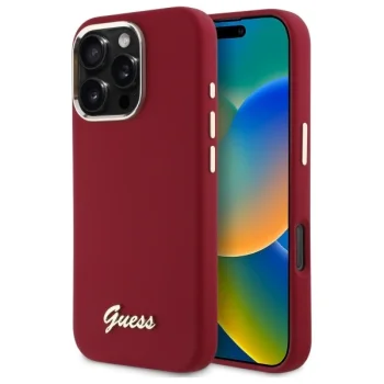 Guess iPhone 16 Pro silikona vāciņš ar metāla logotipu - rozā krāsā | Silicone Script Metal Logo Case Pink