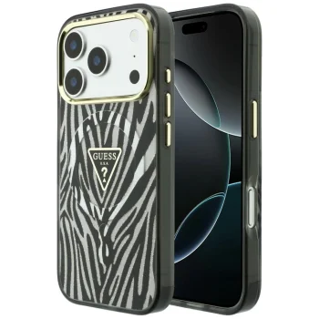 Чехол Guess IML Zebra Glitter Triangle Logo MagSafe для iPhone 17 / 18 Pro Max, серебристый