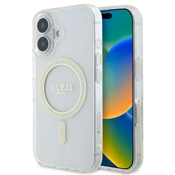 Чехол Guess для iPhone 16 IML Glitter Circle MagSafe, прозрачный