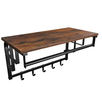 Industrial Wall Mounted Coat Rack with Shelf and Hanging Rail for Entryway, Rustic Brown