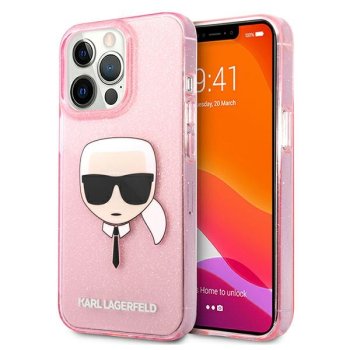 Karl Lagerfeld iPhone 13 Pro Max vāciņš Glitter Karl's Head, rozā