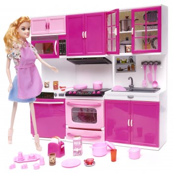 Bērnu Spēļu Leļļu Virtuve ar Mēbelēm Piederumiem un Lelli 3 Segmenti| Play Dollhouse Kitchen with Furniture and...