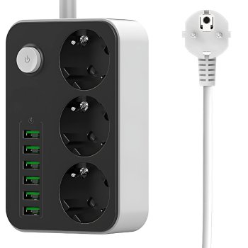 Pagarinātājs ar 6 USB portiem un 3 ligzdām, 2m vads