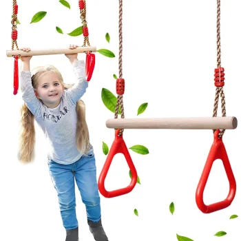 Koka vingrošanas trapeces šūpoles bērniem ar rokturiem sarkanas