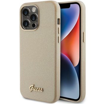 Guess iPhone 15 Pro vāciņš Glitter Glossy Script, zelta