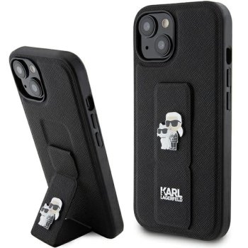 Karl Lagerfeld iPhone 15 vāciņš Gripstand Saffiano Karl&Choupette Pins, melns