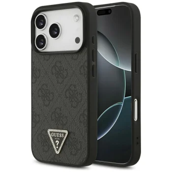 Guess iPhone 17 Pro vāciņš Leather 4G Triangle Strass MagSafe, melns