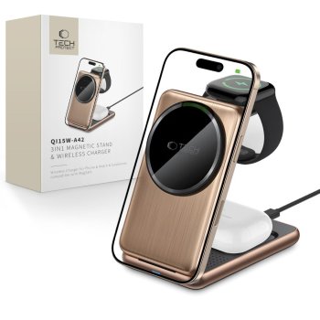 QI15W-A42 3in1 Inductive Charger with MagSafe Apple Devices - Gold